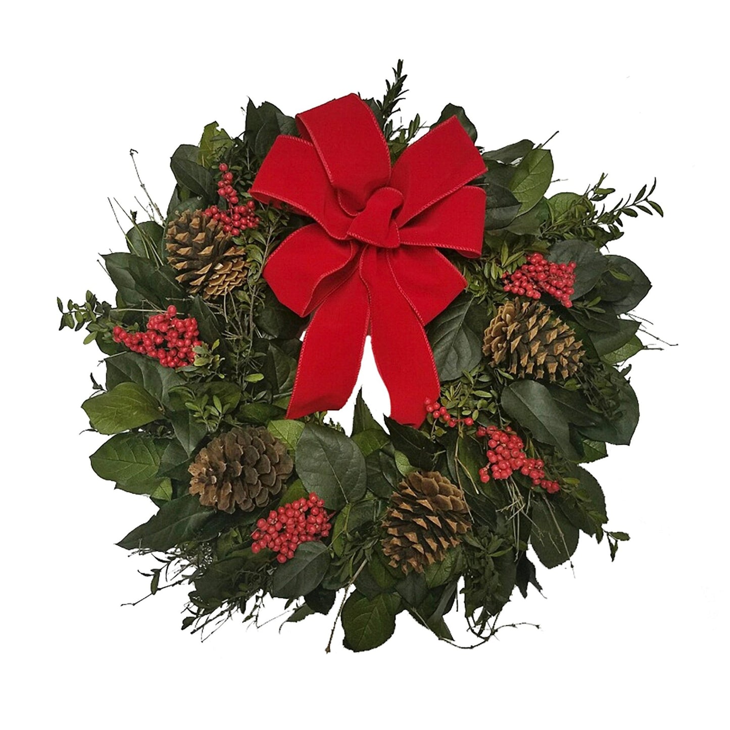 Christmas wreath with red bow, pine cones, and berries on a white background