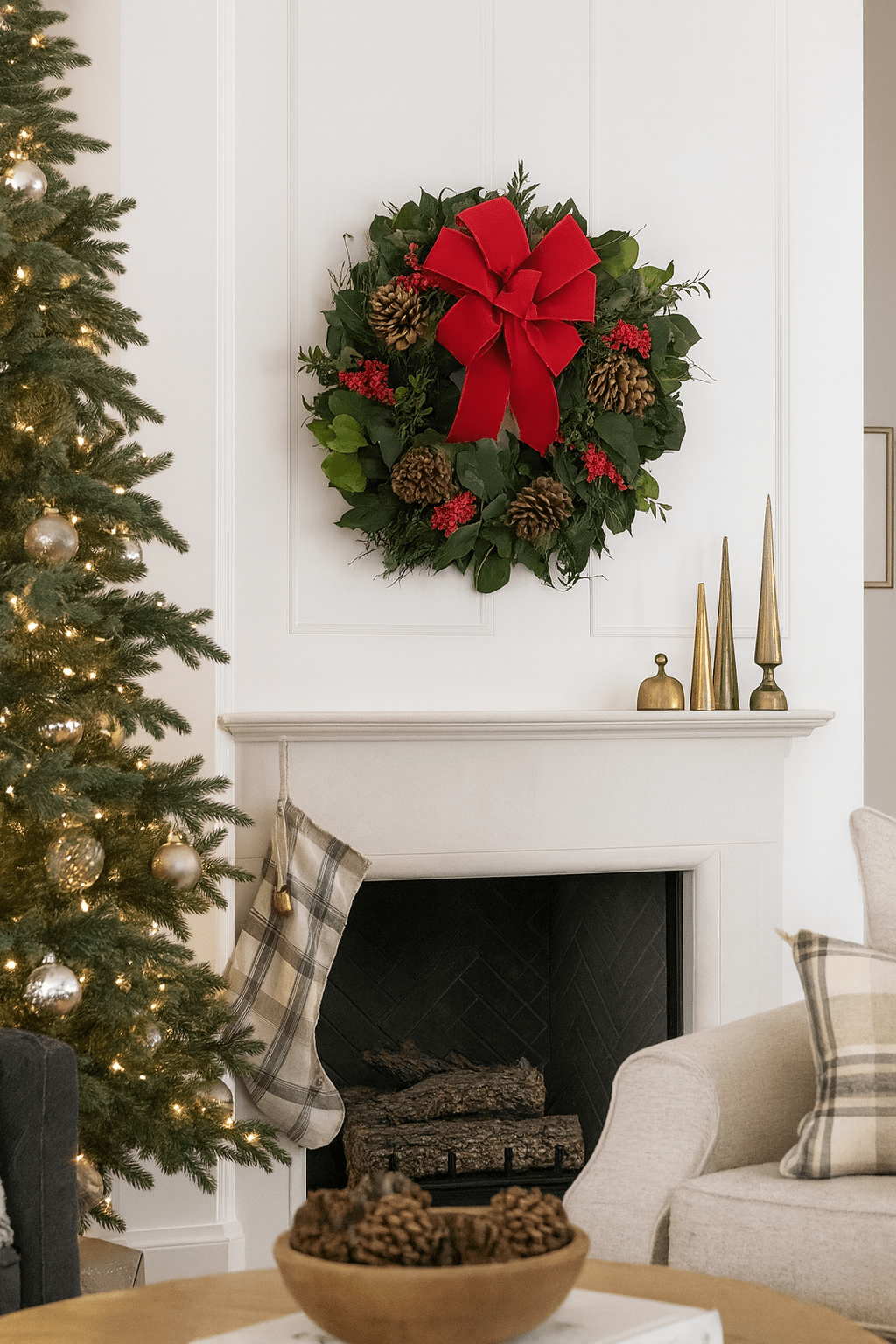 christmas wreath with redbow and berries on a wall above a fireplace
