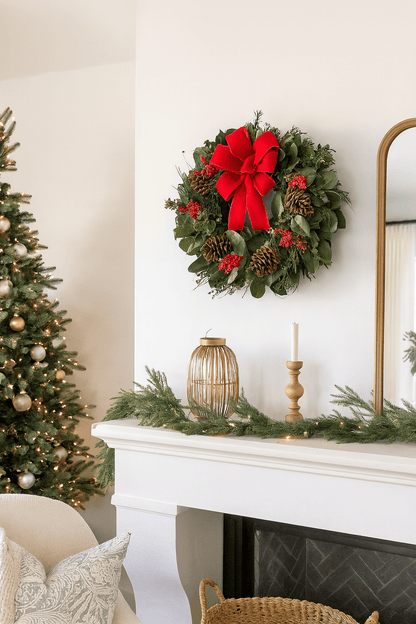 Christmas wreath with red bow on a mantelpiece with decorated tree and candles.