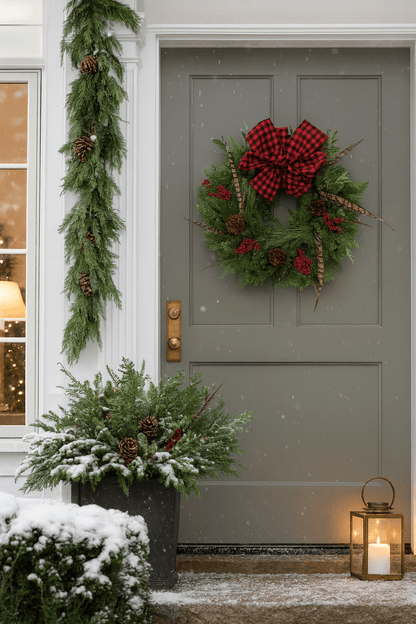 Decorative wreath with a red plaid bow on a gray door, surrounded by festive greenery and a lantern.