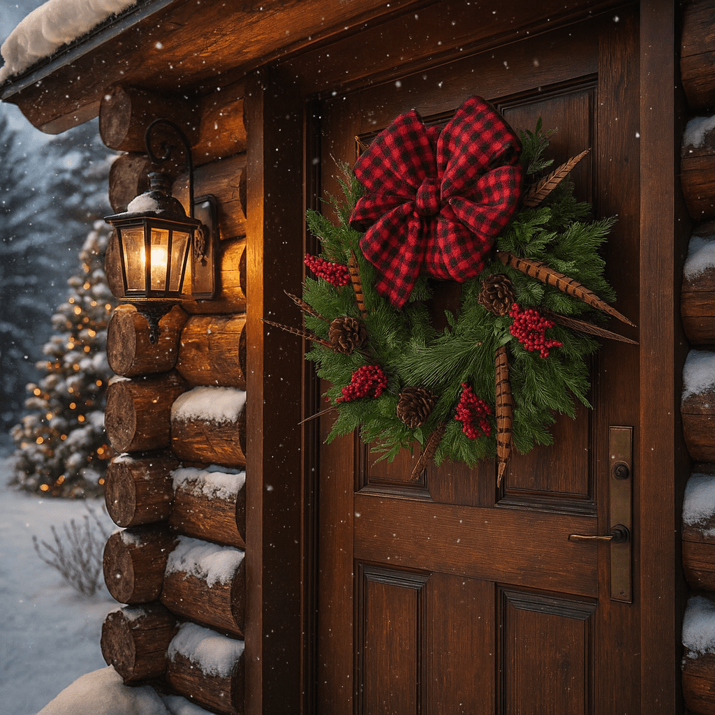 Wooden door of a cabin decorated with a Christmas wreath and lantern on a snowy day.