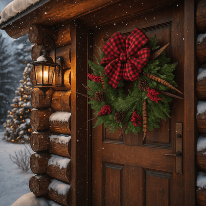 Wooden door of a cabin decorated with a Christmas wreath and lantern on a snowy day.