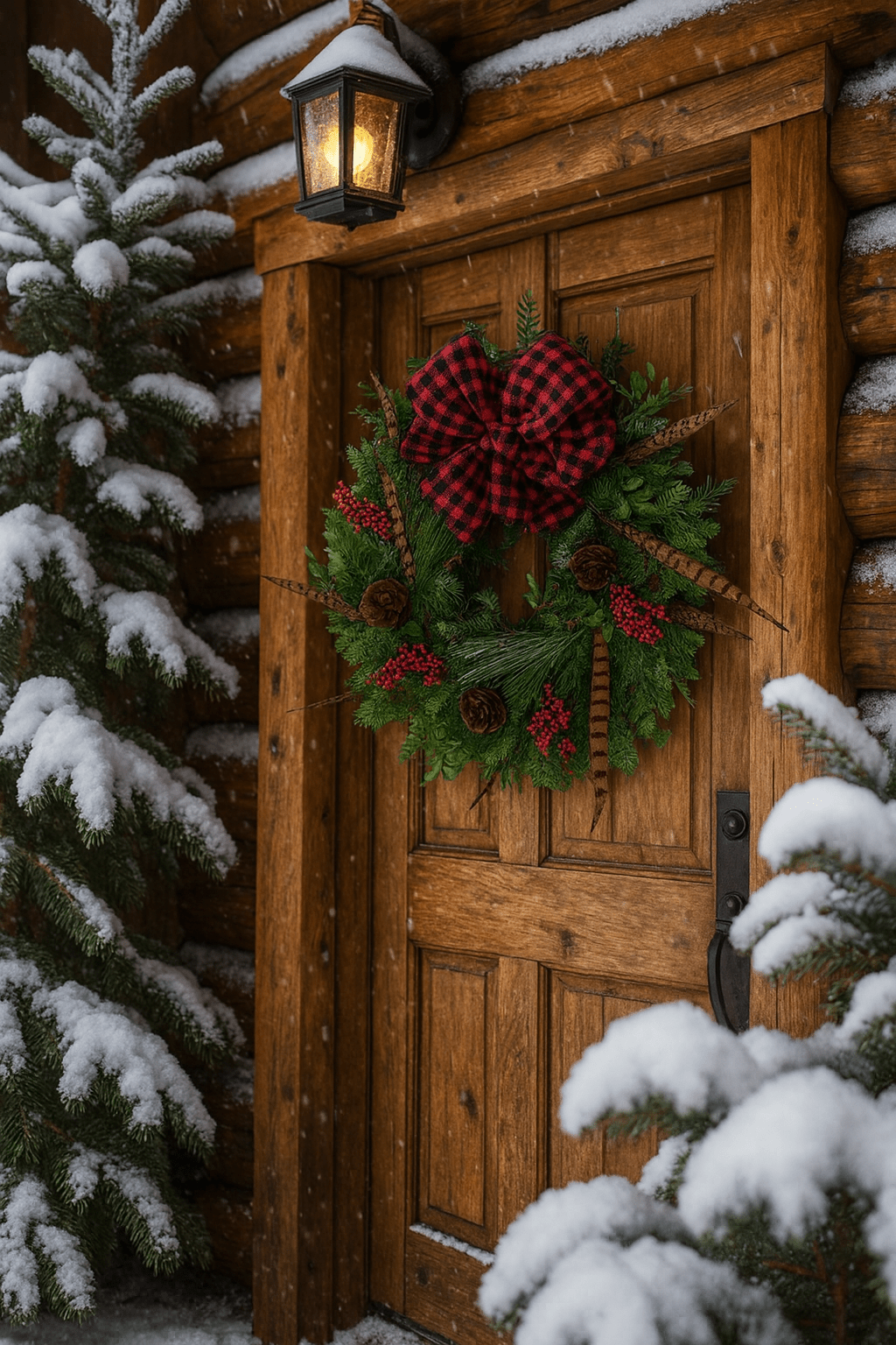 Wooden door with a wreath and lantern, surrounded by snow-covered trees