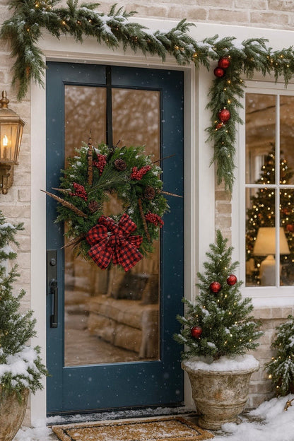 christmas wreath with red bow and feathers on a front door at christmas time