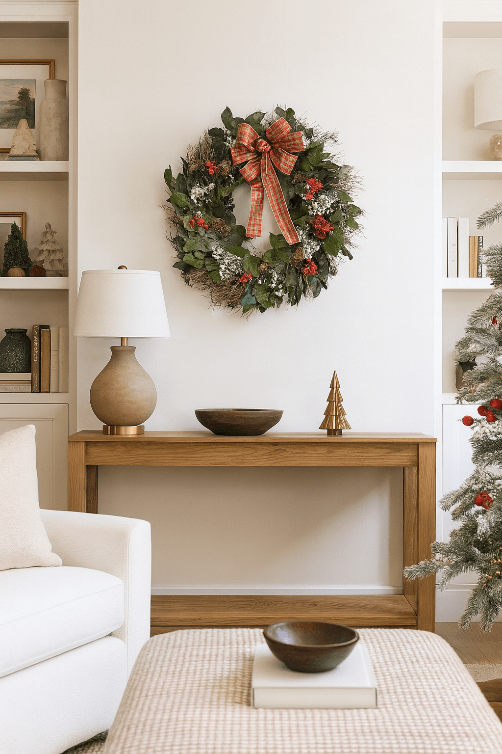Decorative Christmas wreath with red plaid bow, red and white accents, above a table in a living room