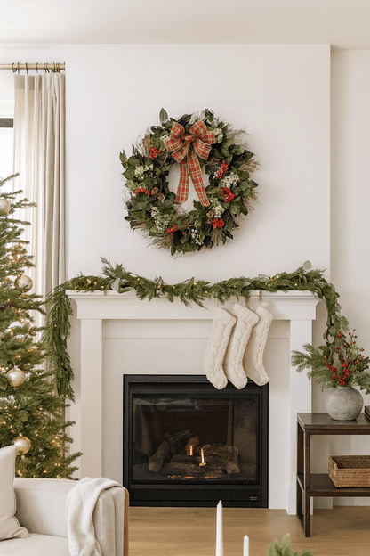 Decorative Christmas wreath with red plaid bow and red accents on a wall above a mantle in a living room 