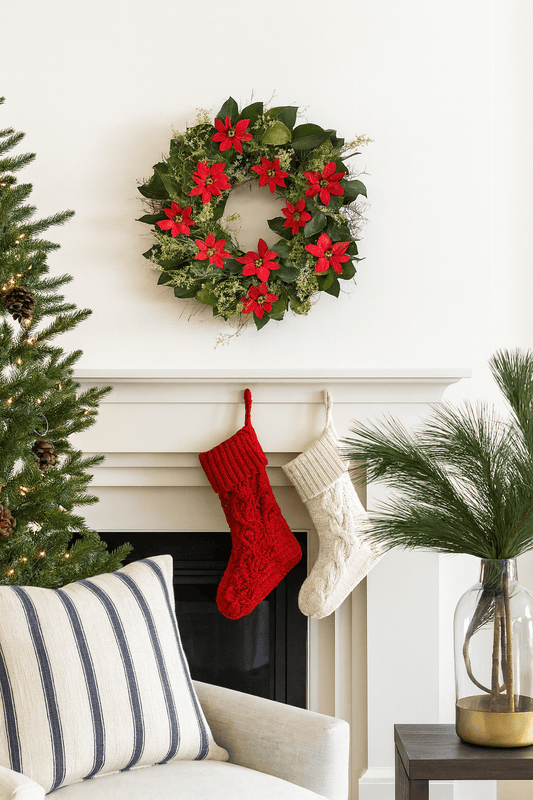 Christmas wreath with poinsettias above a mantle with stockings