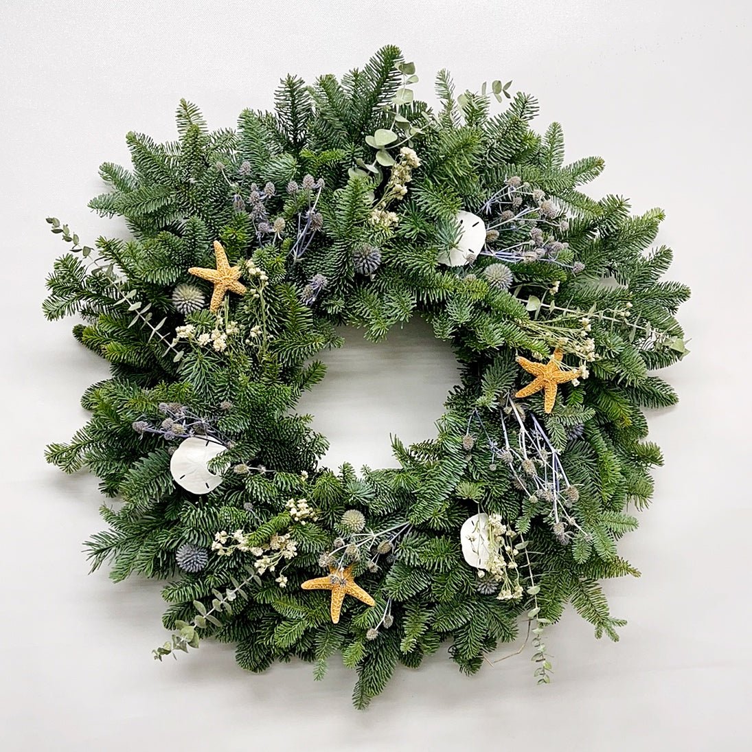 Decorative Christmas Wreath with seashells and starfish on a white background