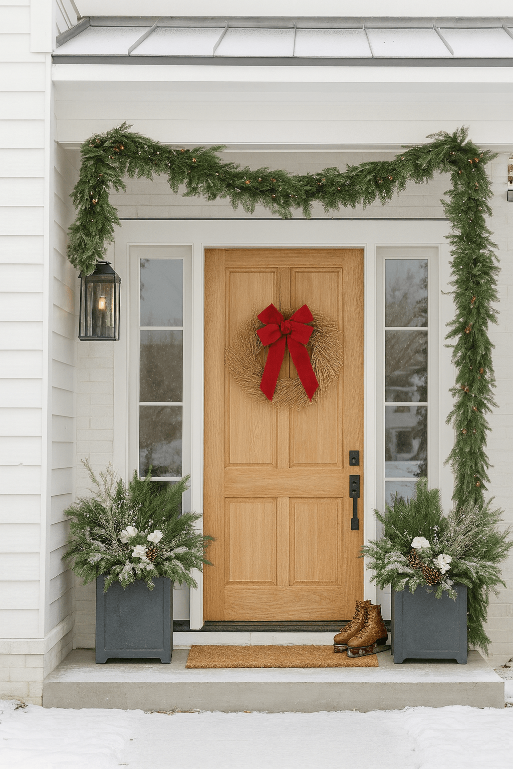 decorative christmas wreath with a red bow on a front door with a garland