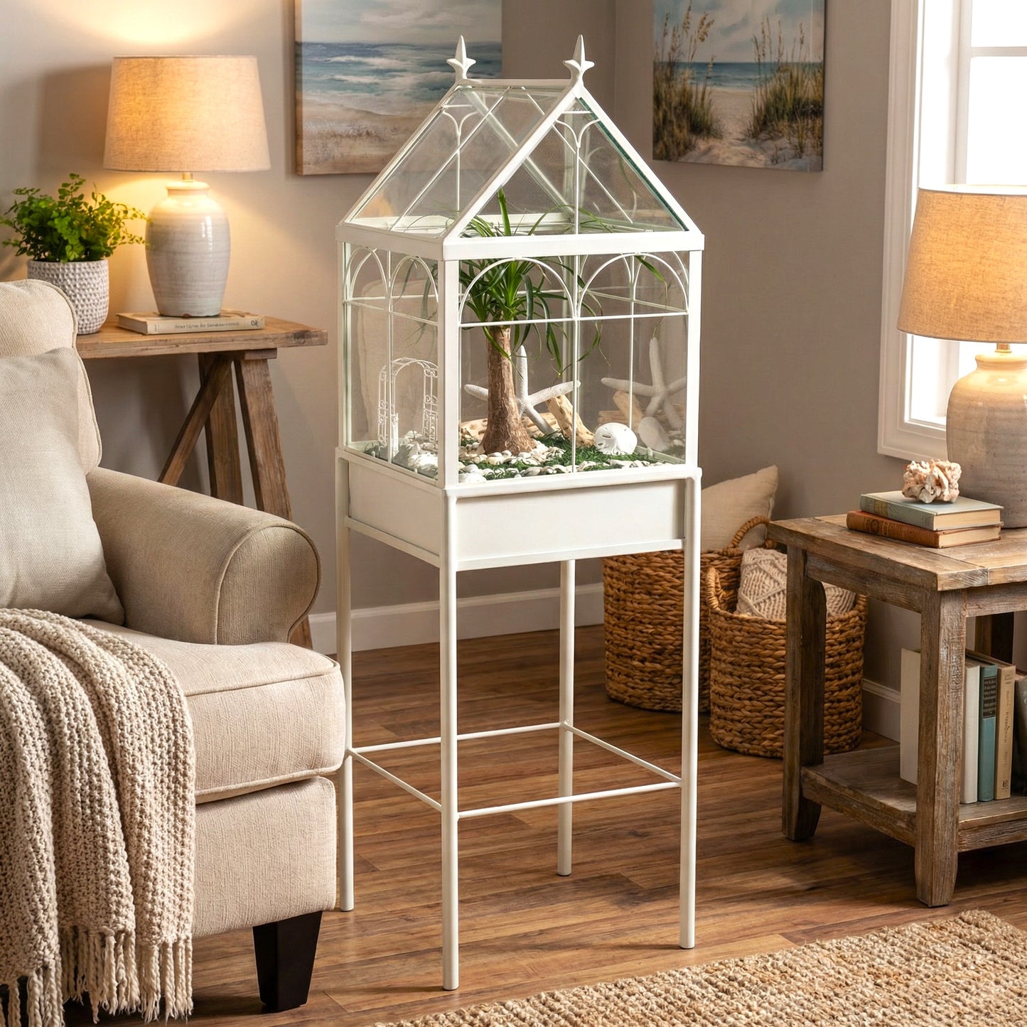 Large white terrarium on stand