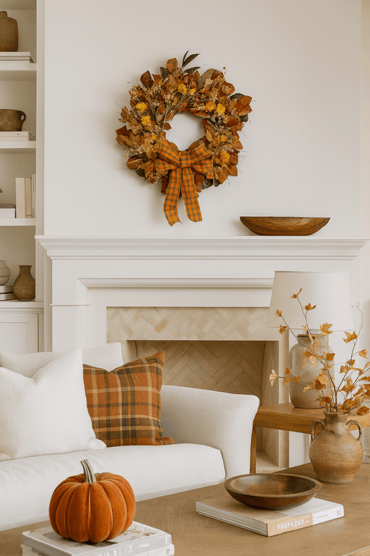 Living room with a fireplace decorated for fall, featuring a wreath, pumpkins, and autumn-themed decor.