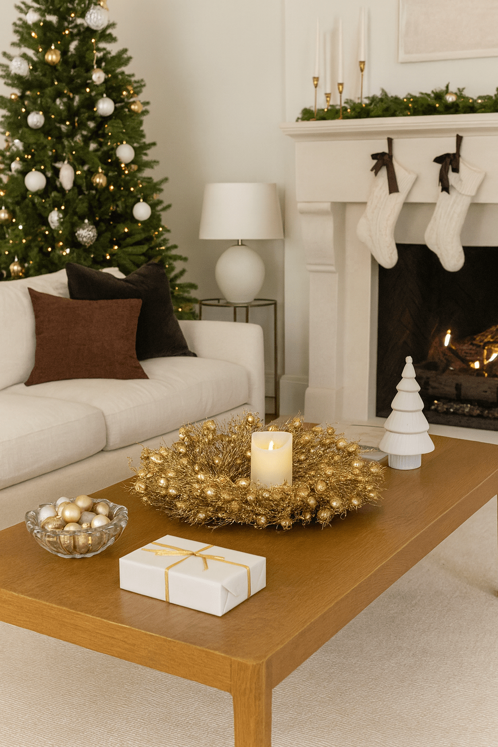 decorative gold wreath with candle in the center on a table in a holiday themed living room