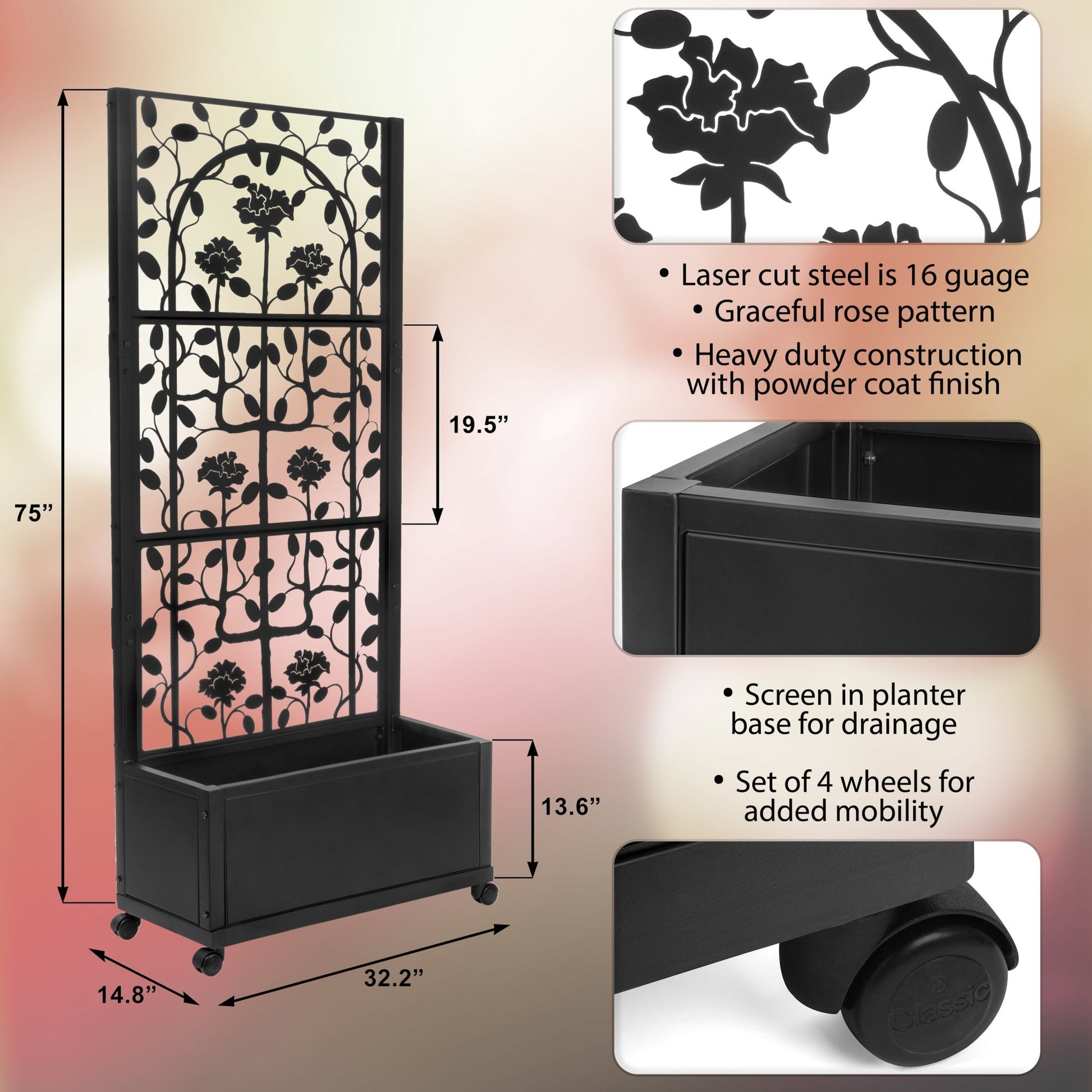H Potter Rose Trellis Planter Privacy Screen in Black for Patio Deck Balcony Backyard Landscape Architectural Decor Garden
