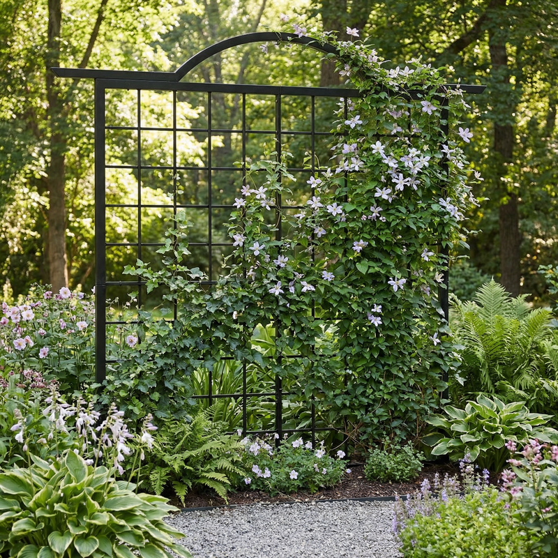 Garden trellis with climbing plants and flowers in a lush garden setting