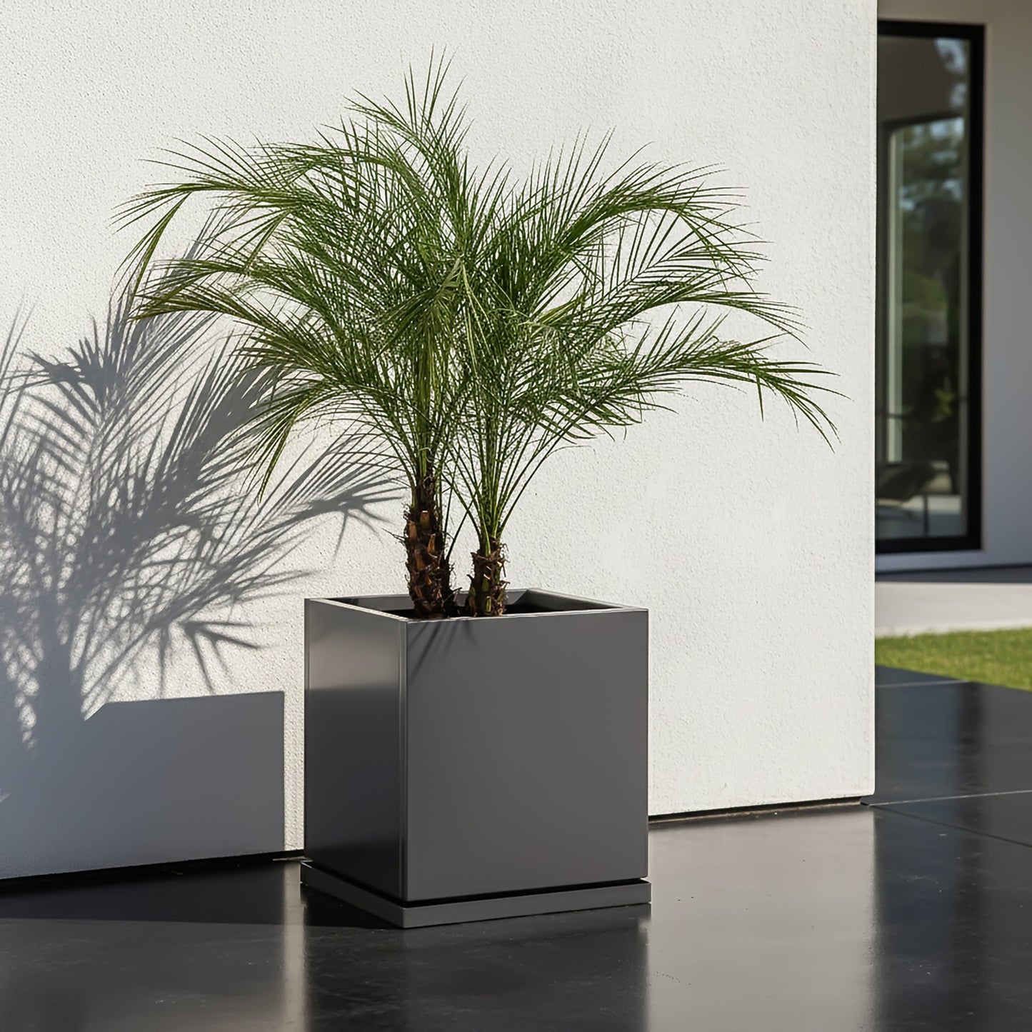 H Potter 17.5" Gray Square Metal Planter with Drip Tray with potted palm