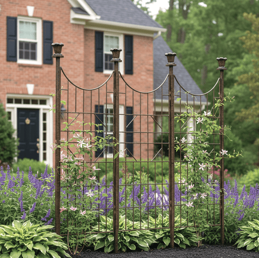Decorative metal garden trellis with plants and flowers in front of a house