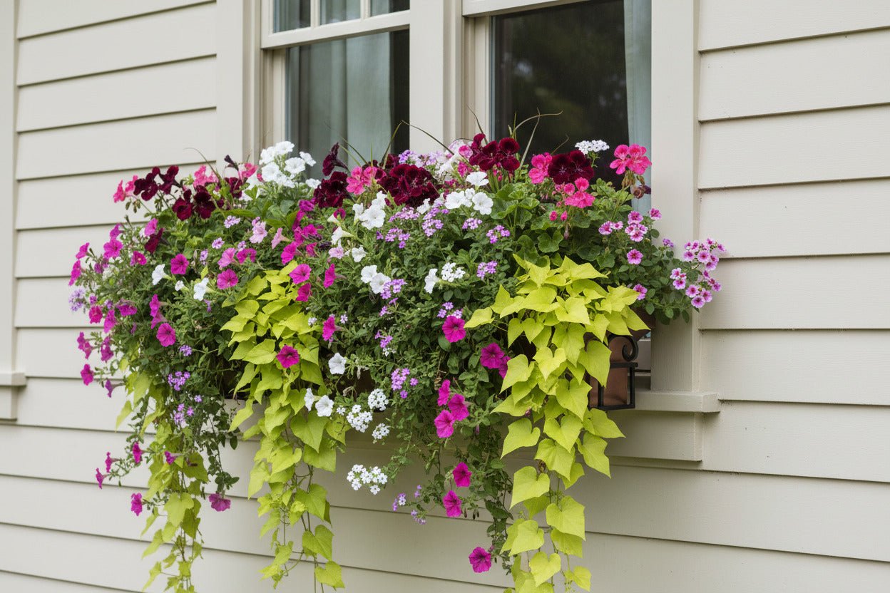 H Potter 30 inch antique copper window box mounted under window filled with colorful flowers