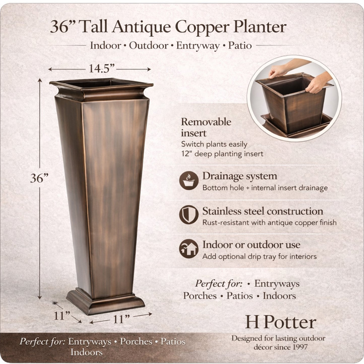 H Potter 36" Tall Tapered Copper Entryway Planter