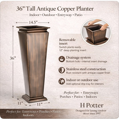 H Potter 36" Tall Tapered Copper Entryway Planter