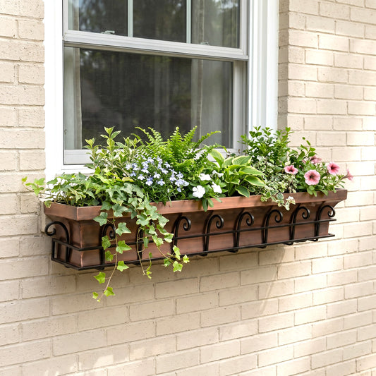 H Potter 48 inch long antique copper window box with flowers