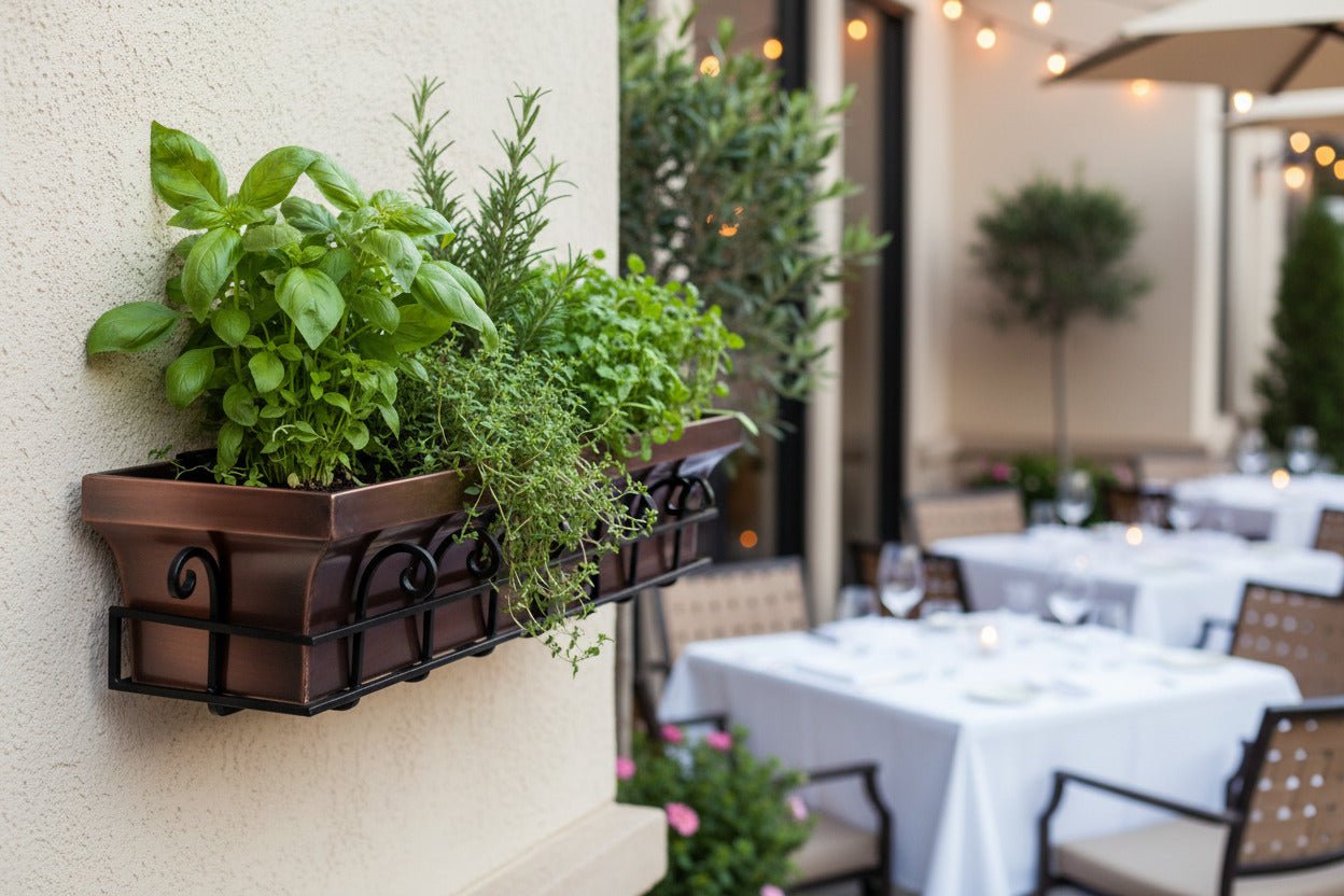 H Potter window box on a wall near the outdoor dining area filled with basil, rosemary and oregano