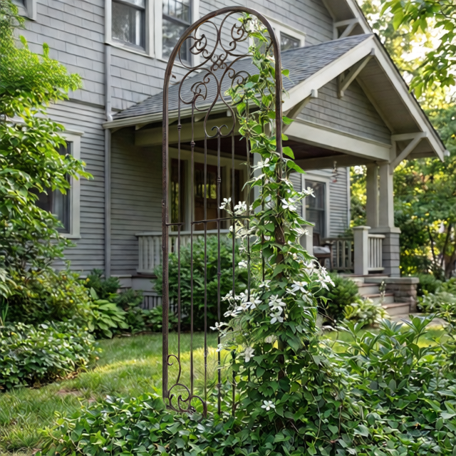 H Potter 8 ft tall metal garden trellis in front yard with white clematis