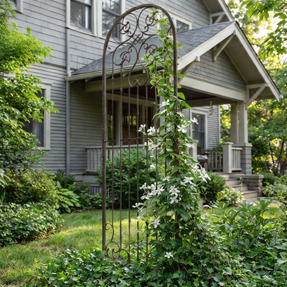 H Potter 8 ft tall metal garden trellis in front yard with white clematis