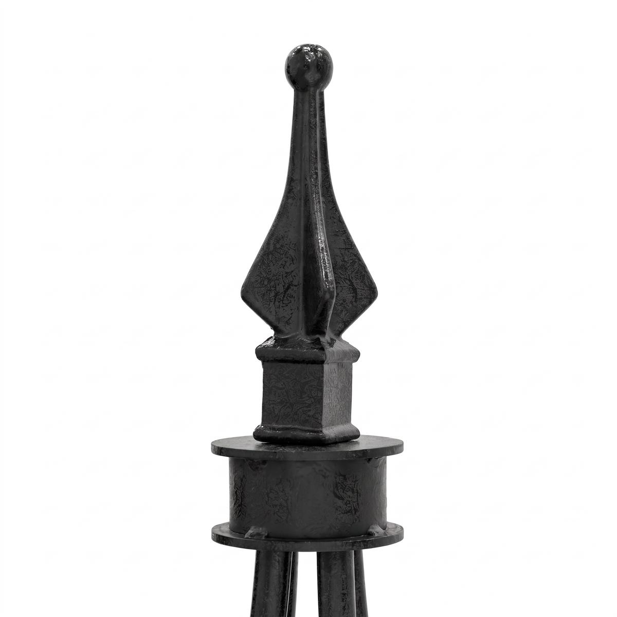 Close-up of decorative finial on H Potter Beaumont black iron garden obelisk trellis