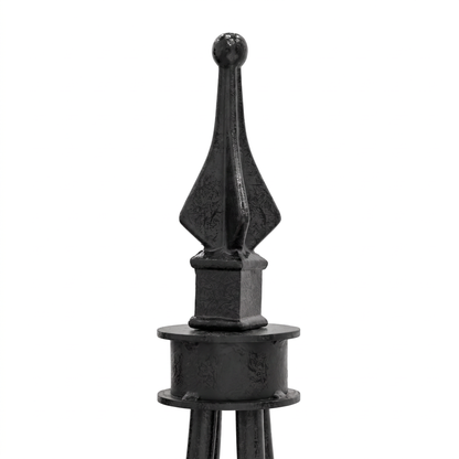 Close-up of decorative finial on H Potter Beaumont black iron garden obelisk trellis