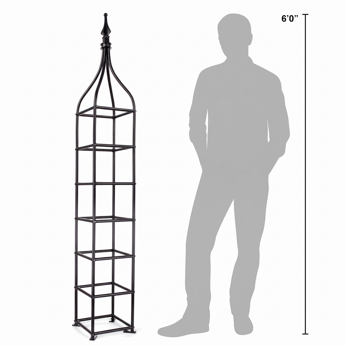 H Potter Beaumont black 6-foot garden obelisk trellis shown beside a 6-foot person for scale