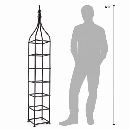 H Potter Beaumont black 6-foot garden obelisk trellis shown beside a 6-foot person for scale