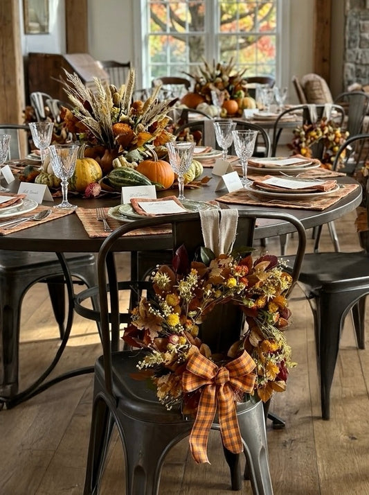 an autumn-themed table setting in a rustic dining room, featuring a decorative fall wreath with an orange plaid bow hanging on a black metal chair in the foreground. The tables are styled with pumpkins, wheat centerpieces, glassware, and place settings.
