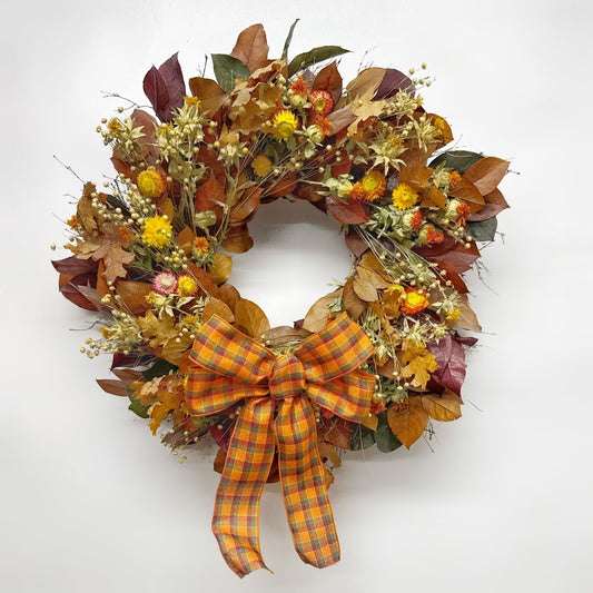 H Potter Abundant Autumn wreath—preserved salal, safflower, flax, strawflowers, twigs, orange plaid bow; indoor fall décor.