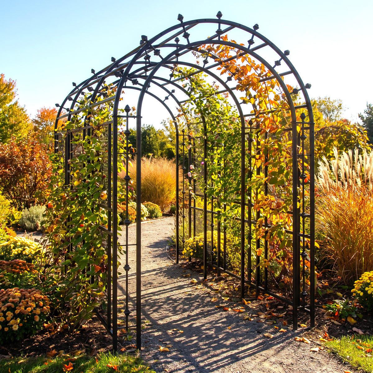 h potter black metal arched garden arbor trellis installed in a landscaped garden with autumn foliage, a gravel path, and plants on both sides.