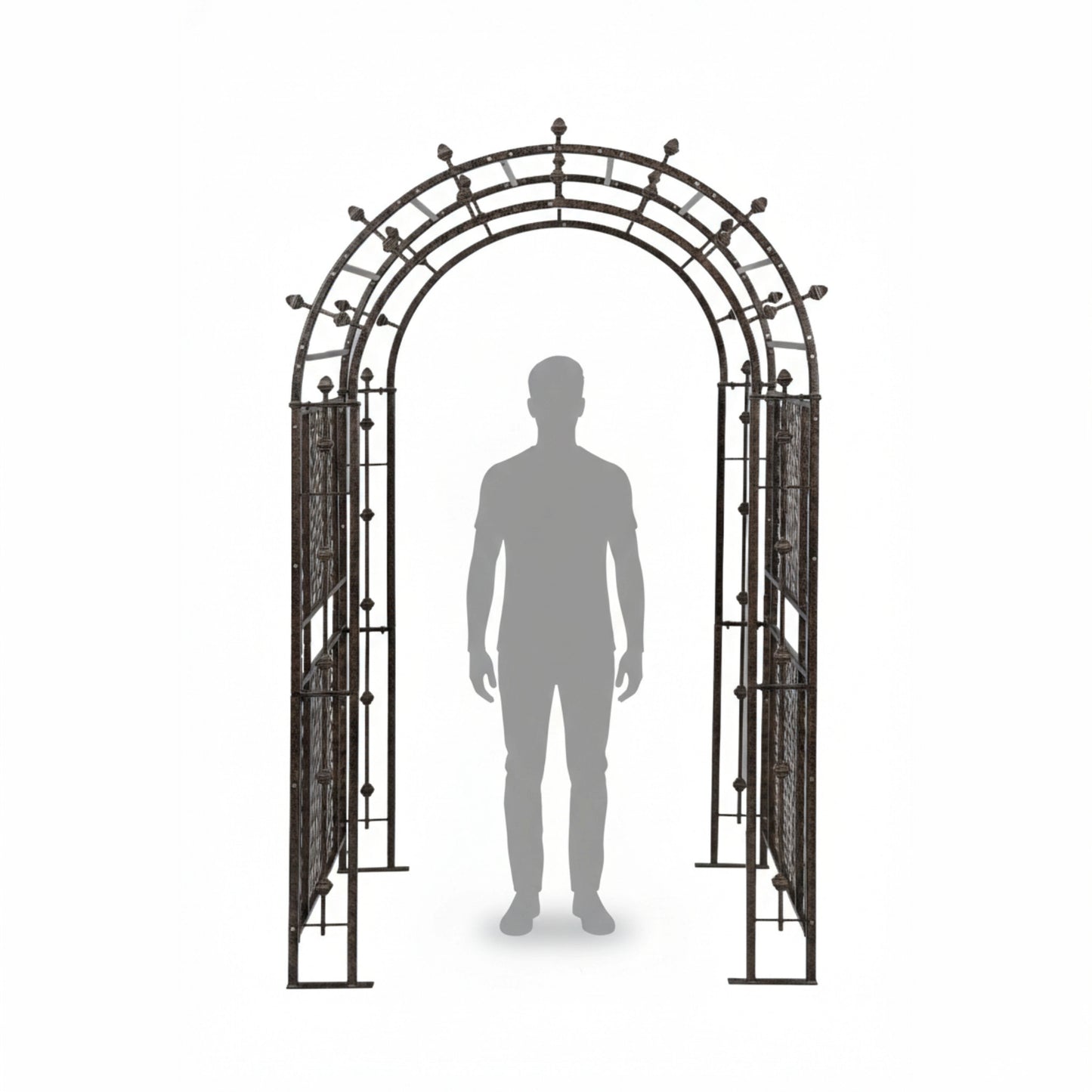 Metal garden arch with a silhouette of a person for scale on a white background