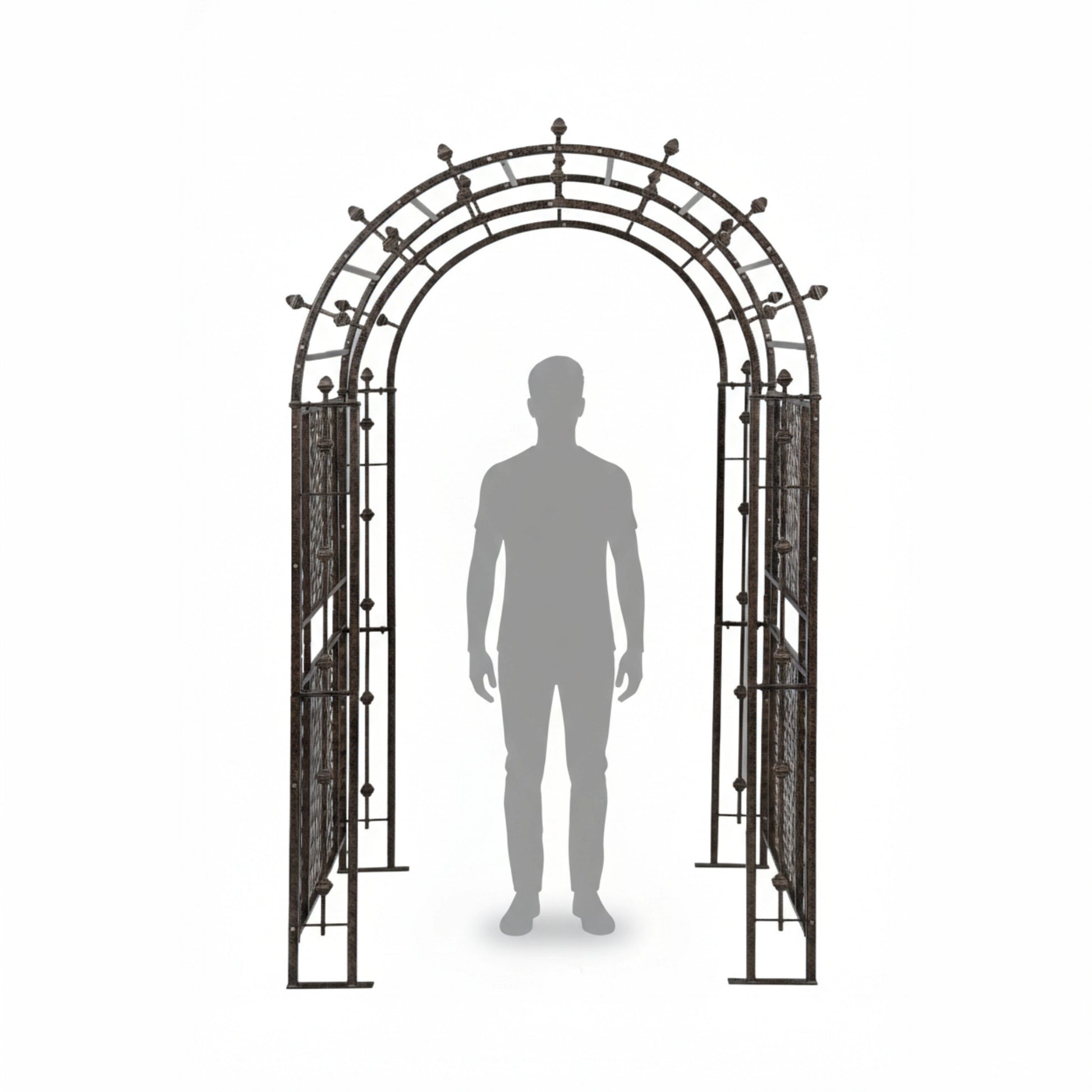 Metal garden arch with a silhouette of a person for scale on a white background