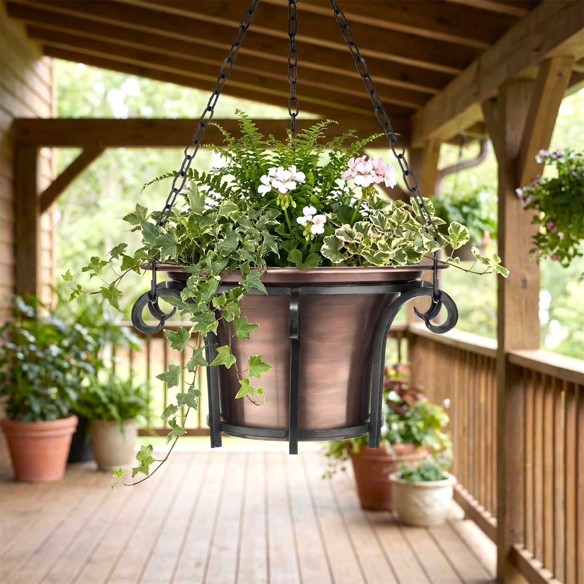H Potter Architectural Scroll Hanging Copper Planter on deck