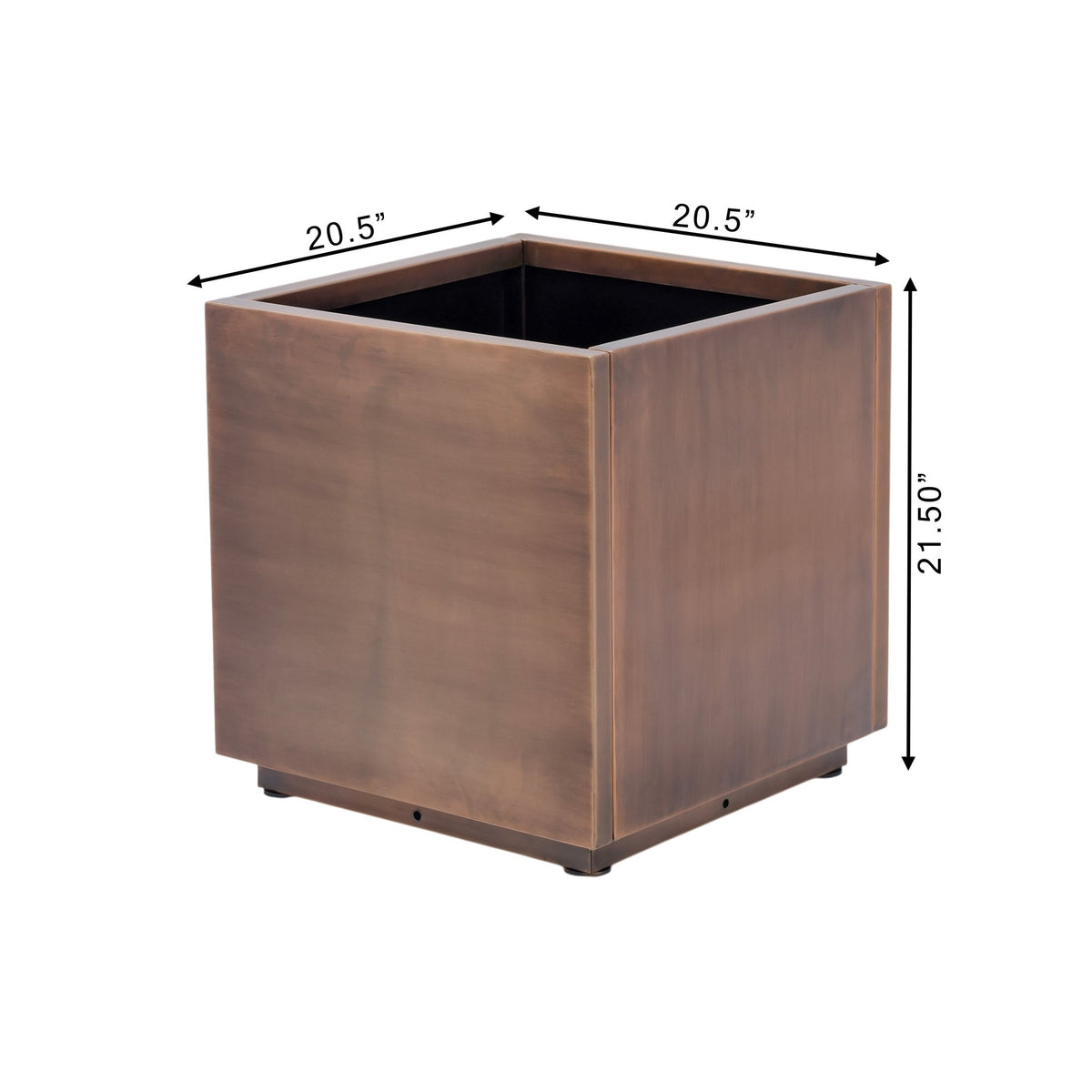 h potter square metal planter with a warm antique copper finish, shown with dimension arrows and labels indicating 20.5 inches by 20.