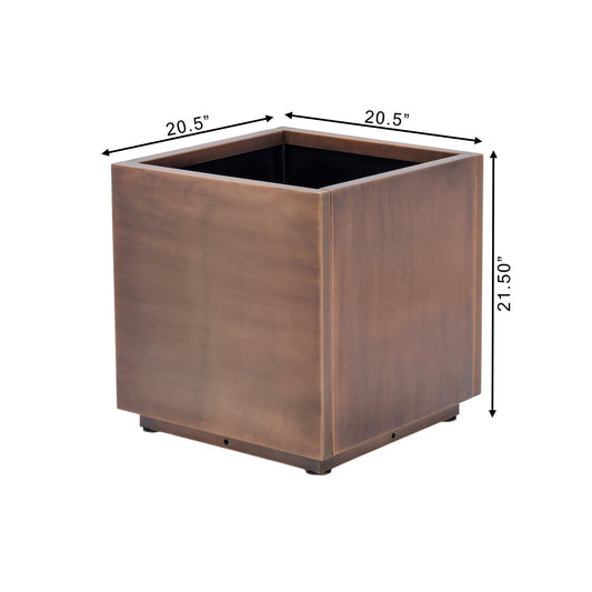 h potter square metal planter with a warm antique copper finish, shown with dimension arrows and labels indicating 20.5 inches by 20.