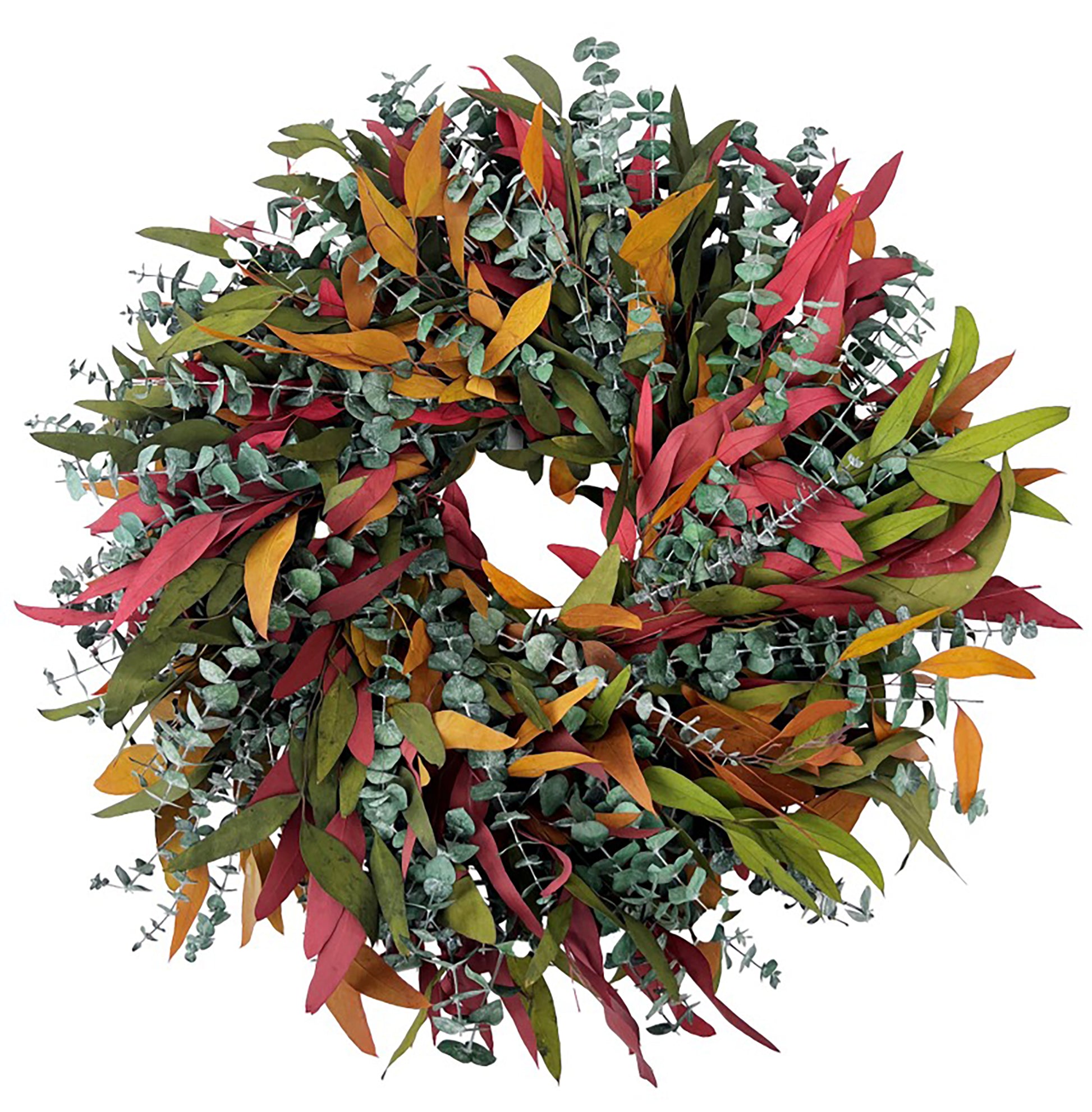 h potter brand autumn-themed artificial wreath featuring a mix of red, orange, yellow, and green leaves with silver eucalyptus stems, isolated on a white background.