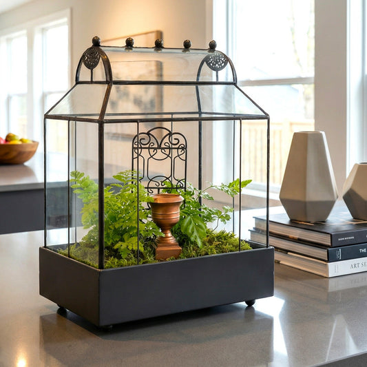 h potter glass terrarium barrel vault in kitchen with moss and ferns