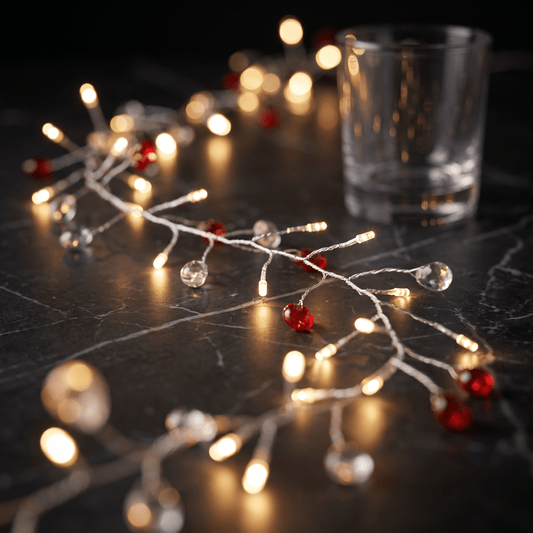 h potter warm white LED branch string lights with clear teardrop beads and small red beads, arranged on a dark marble surface with a blurred clear glass in the background.