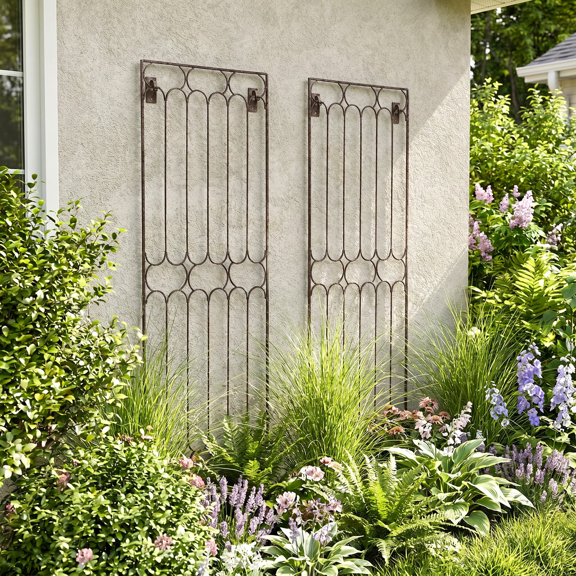 H Potter Carlisle Wall Trellis Set of 2 on a house with plants and flowers