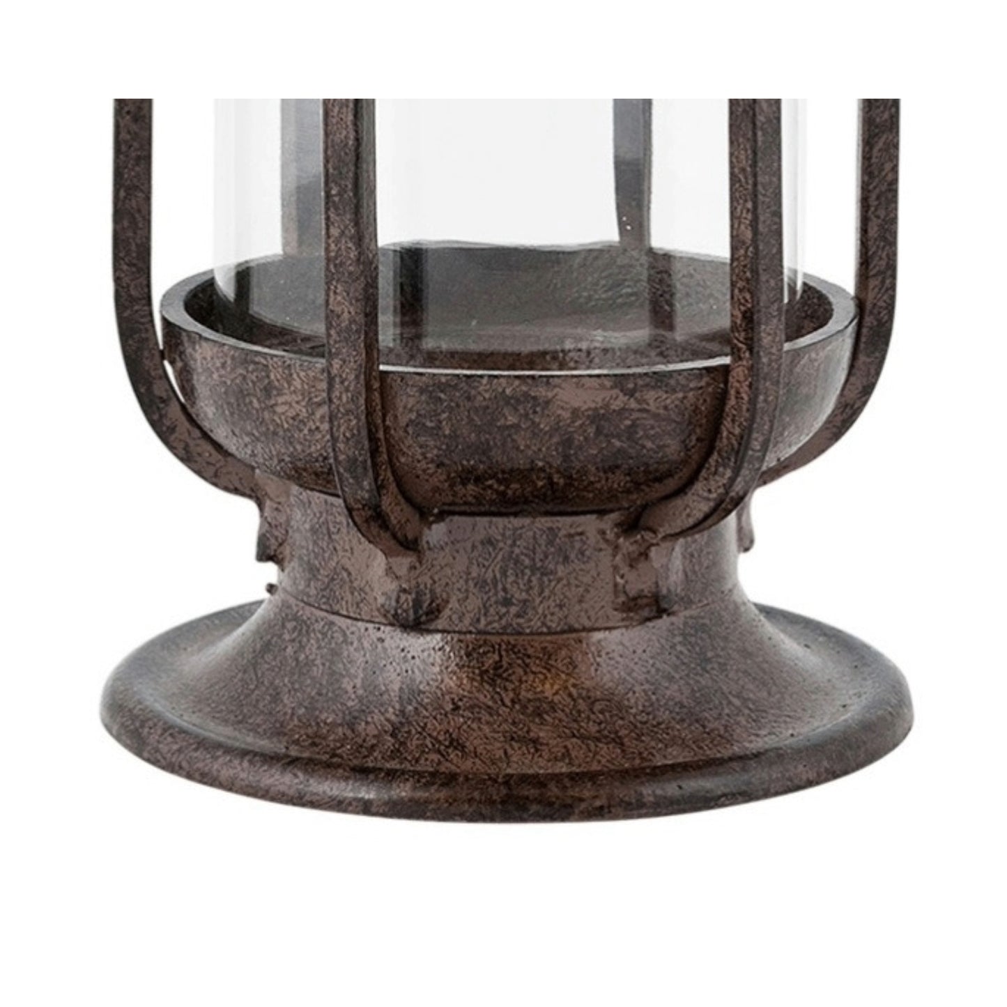 Close-up of the H Potter cast iron hurricane lantern base, showing metal texture, curved pedestal design, and lower glass cylinder.