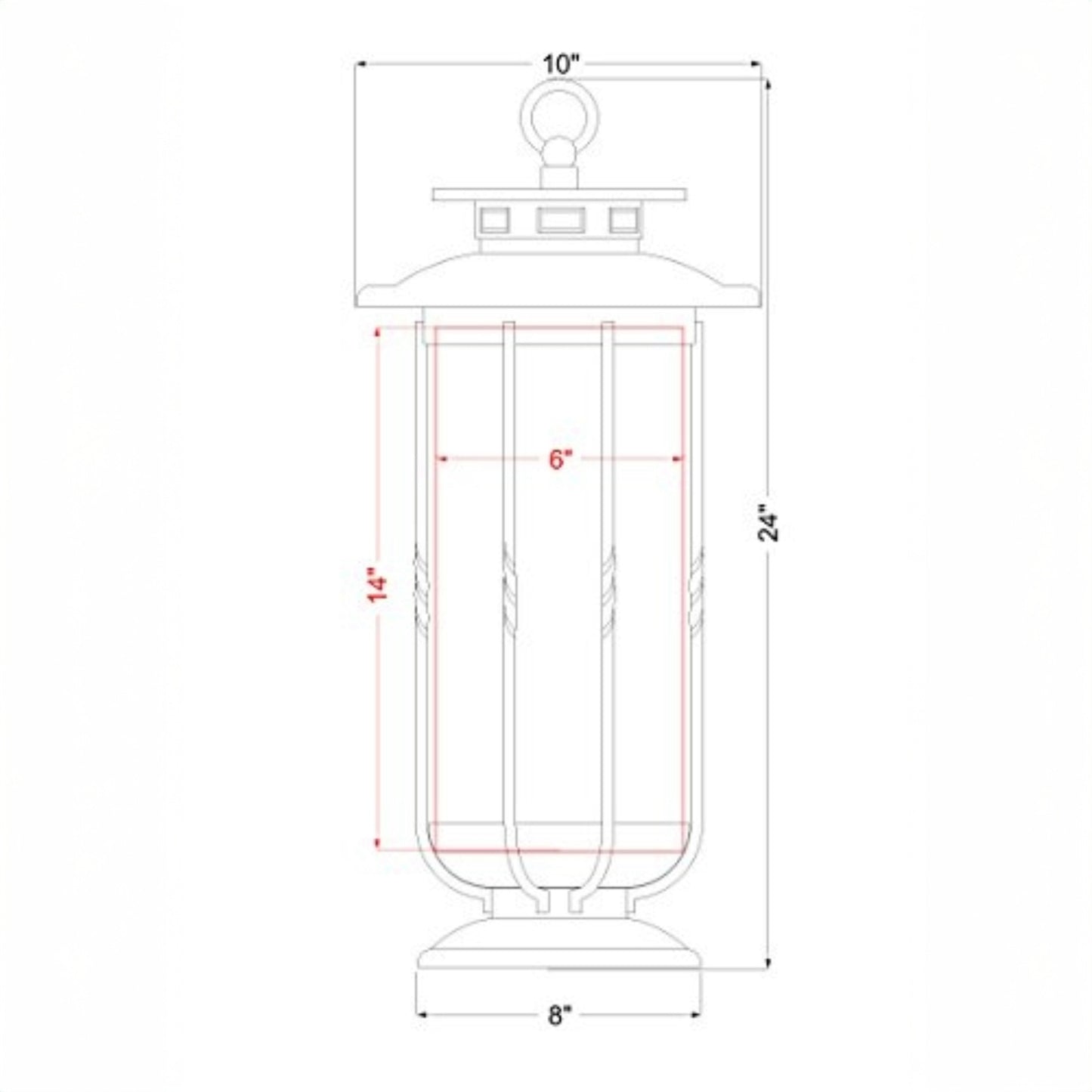 Technical drawing of the H Potter cast iron hurricane lantern showing height, width, and glass cylinder measurements.