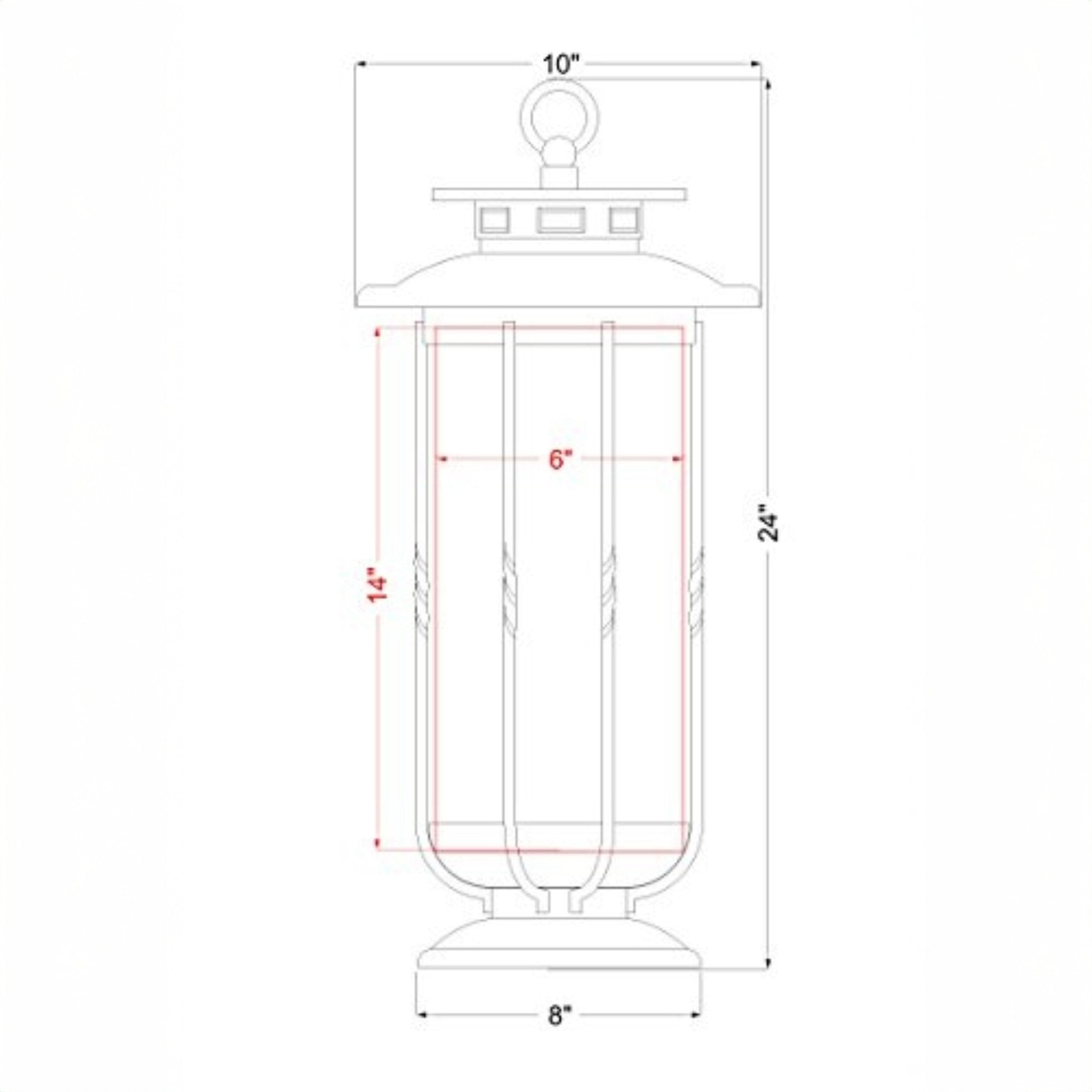 Technical drawing of the H Potter cast iron hurricane lantern showing height, width, and glass cylinder measurements.