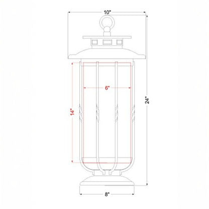 Technical drawing of the H Potter cast iron hurricane lantern showing height, width, and glass cylinder measurements.