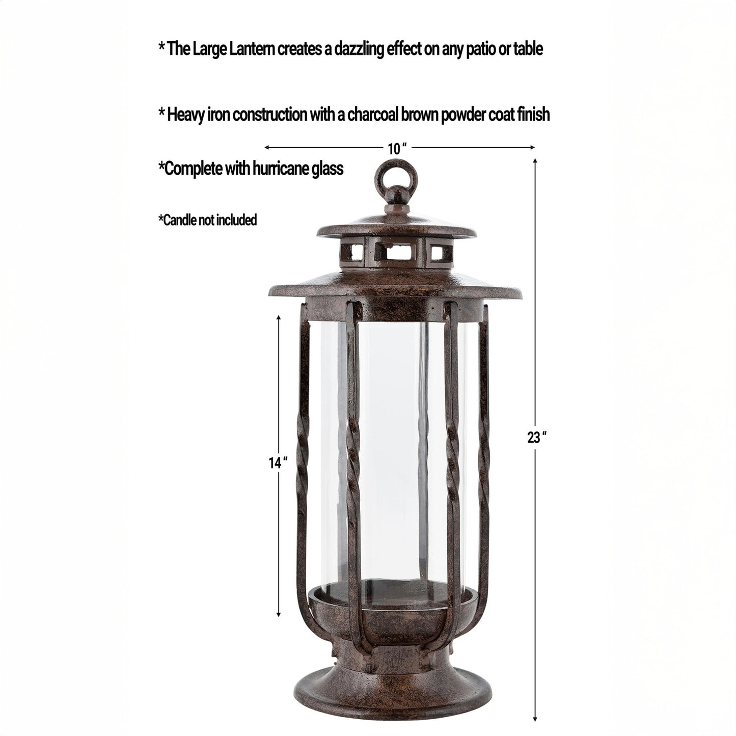 H Potter cast iron hurricane lantern with labeled dimensions and features, showing 23-inch height, 10-inch width, and hurricane glass construction.