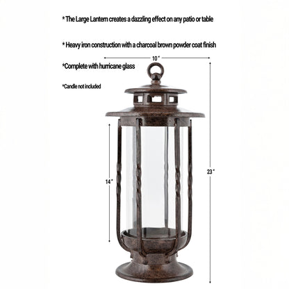 H Potter cast iron hurricane lantern with labeled dimensions and features, showing 23-inch height, 10-inch width, and hurricane glass construction.
