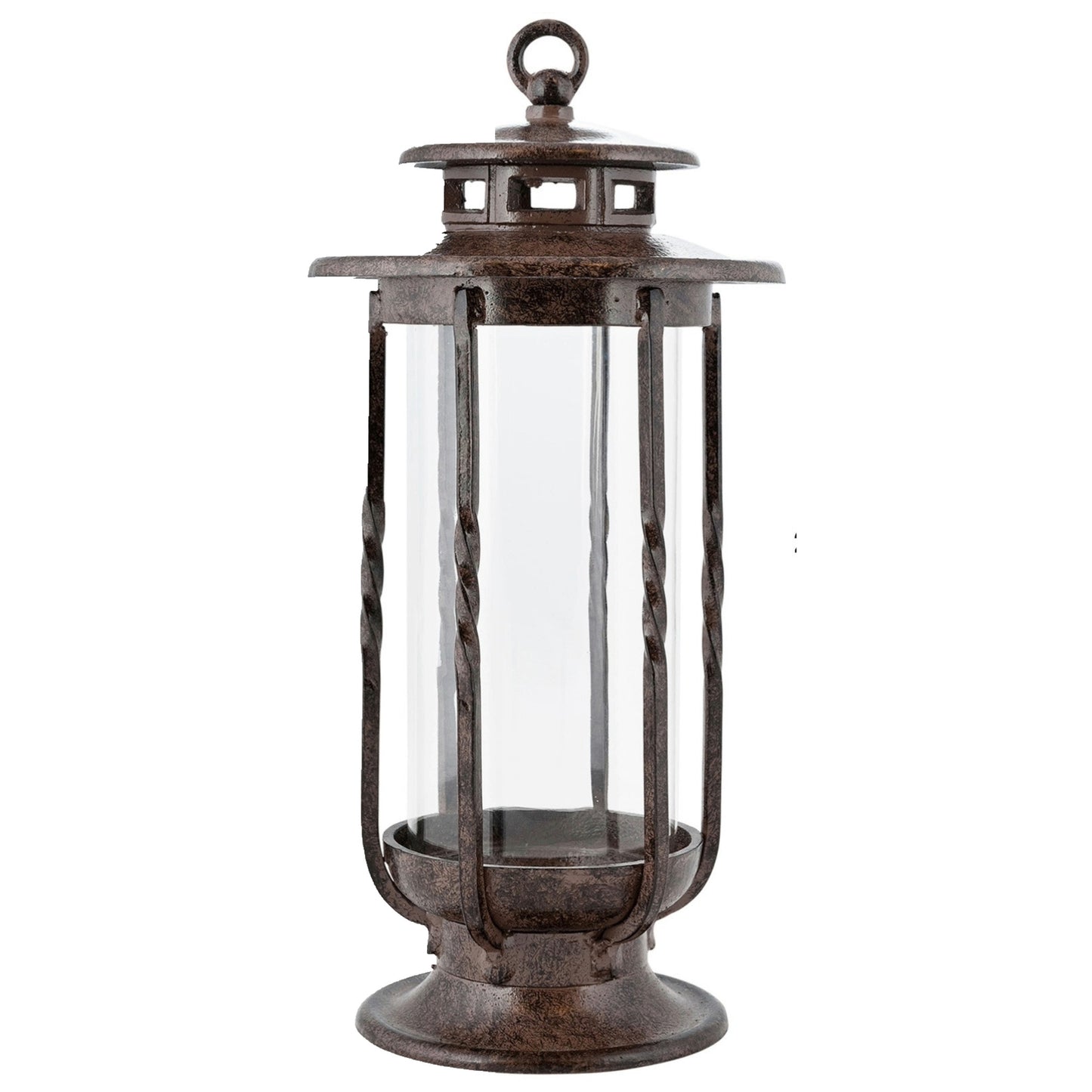 H Potter cast iron hurricane lantern with clear glass cylinder shown as a standalone product image for indoor or outdoor décor.